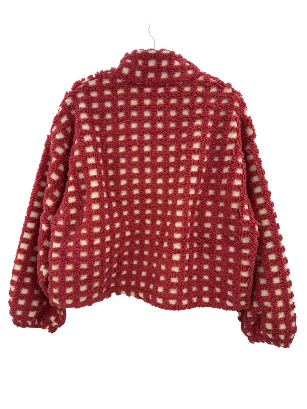 Textured Grid Checkered Sherpa Zip Jacket Pink Cream Oversized Cozy Cropped, L - Picture 6 of 15